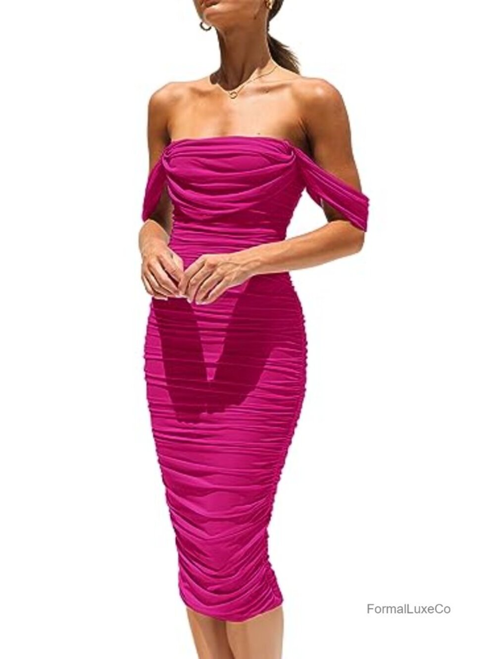 Off Shoulder Bodycon Midi Dress Ruched Mesh Backless Party